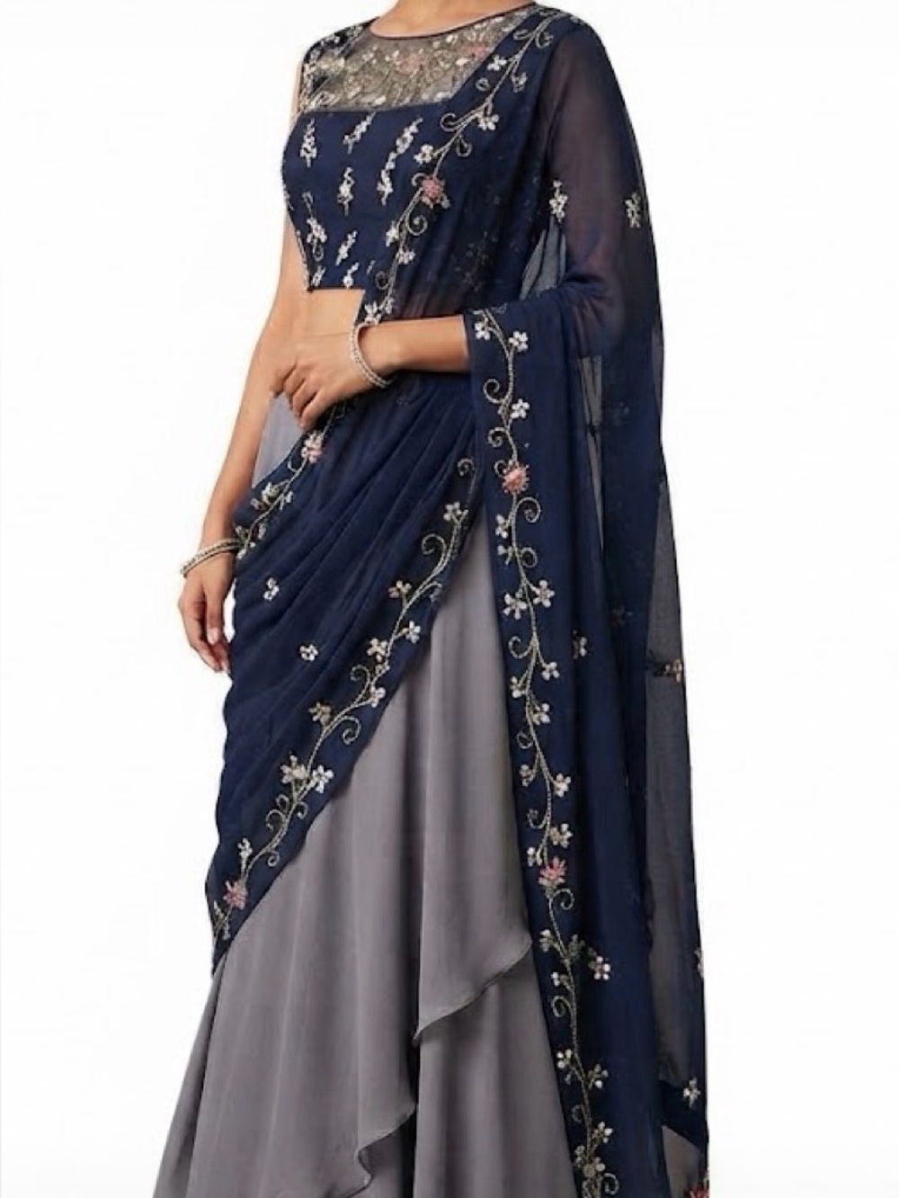 lehenga Choli navy blue gray Indian sangeet reception wear with Duppatta. S-M